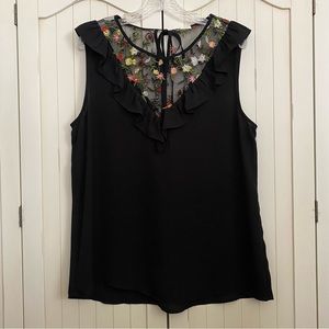 Pleione Sleeveless Blouse Ruffle Accent Embroidered Flowers Sheer Silky Large